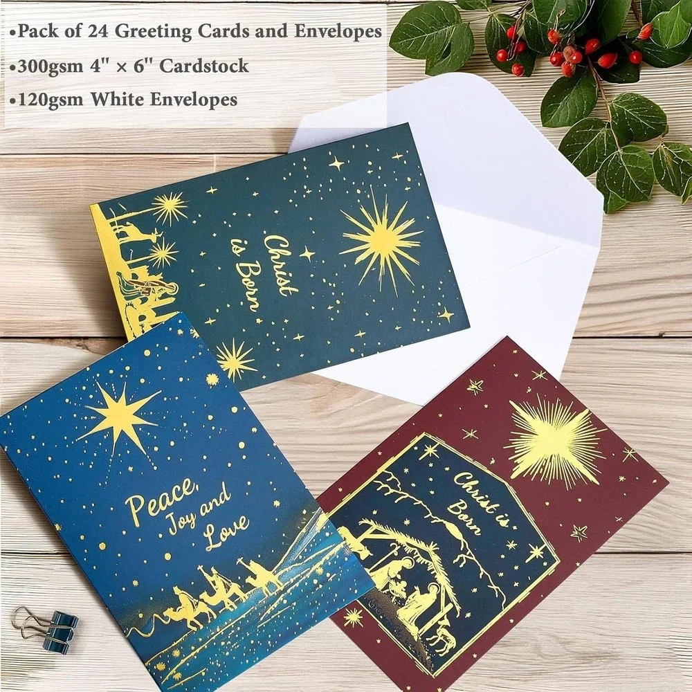 Christmas Cards Nativity Scene‎ Angel Gold Foil Joy to World Peace Love Messages